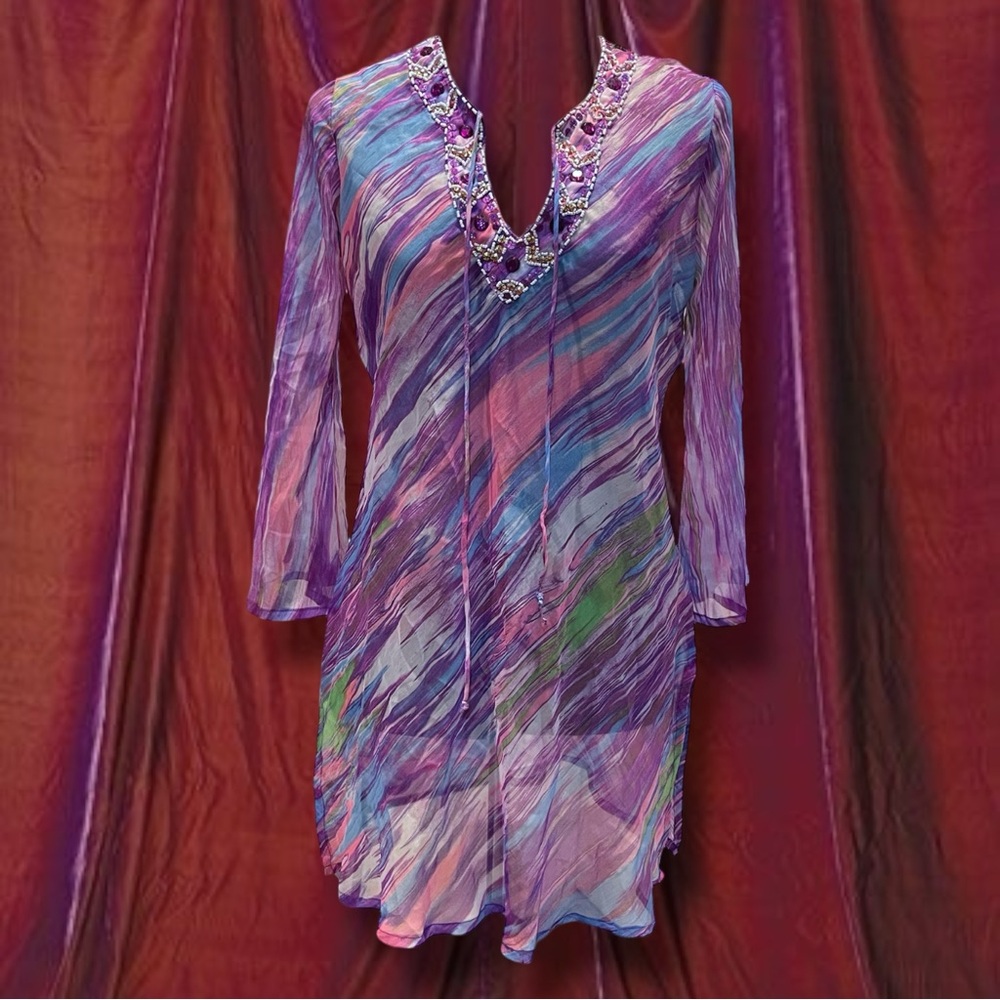 Vintage y2k beaded neck tunic dress/top in a dreamy watercolor print